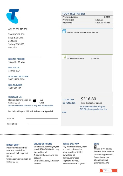 Australia Telstra telecommunications business utility bill template in Word and PDF format